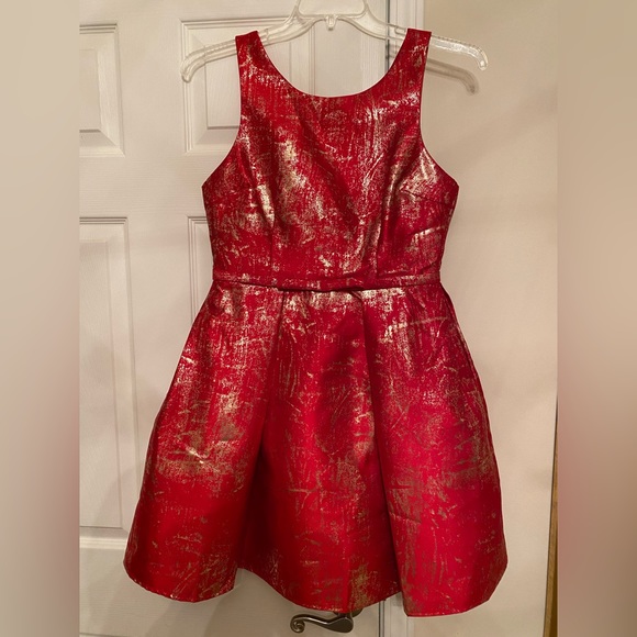 Valiant Paris Red Fit & Flare Metallic Gold Detail Mini Dress - Picture 1 of 7